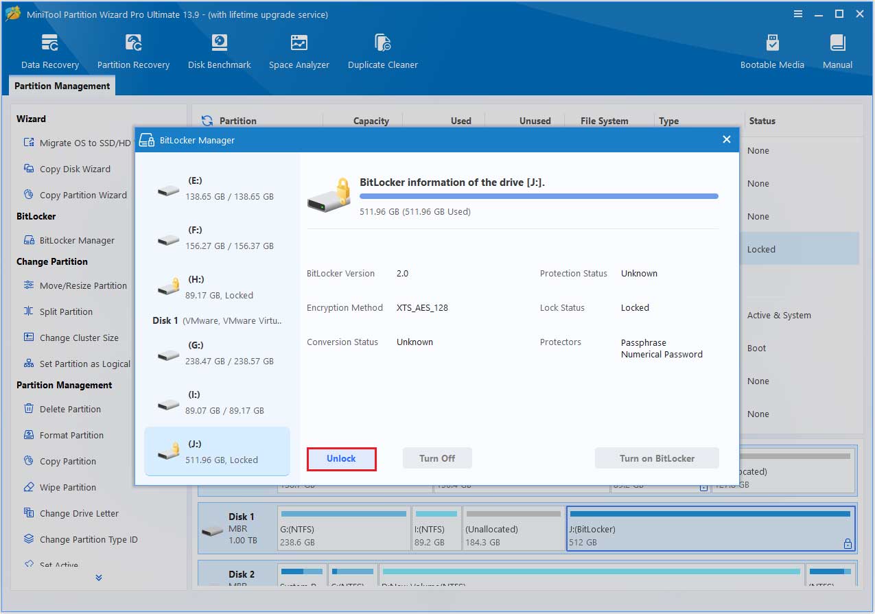 MiniTool Partition Wizard interface with BitLocker Manager window opened and the Unlock button selected.