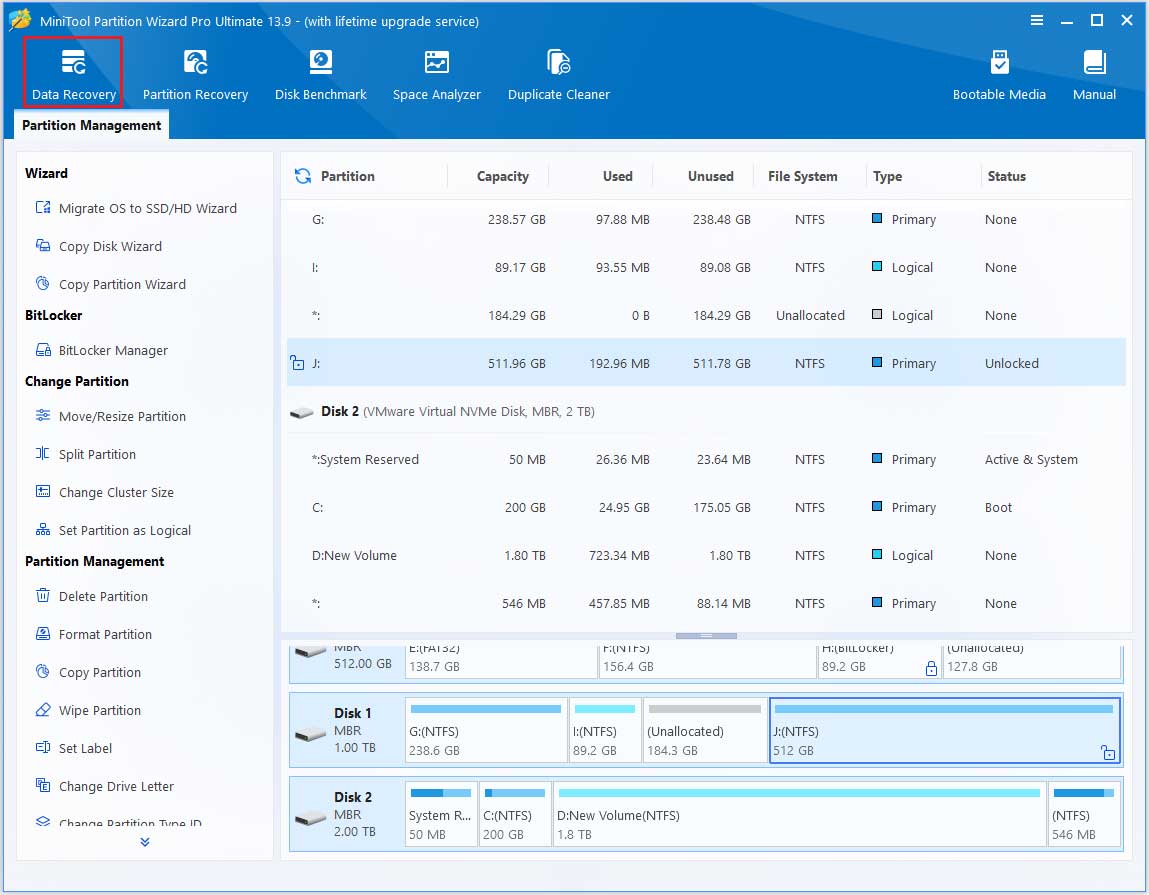 The MiniTool Partition Wizard interface with the selected Data Recovery option.