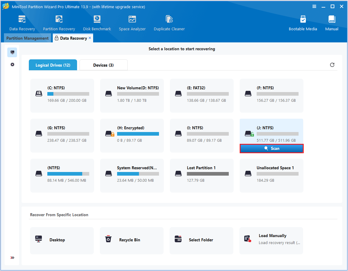 The MiniTool Partition Wizard interface with the Data Recovery window opened, and click Scan.