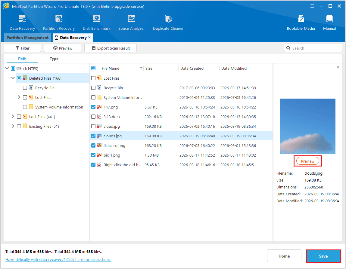 The Data Recovery interface with the selected Save button.