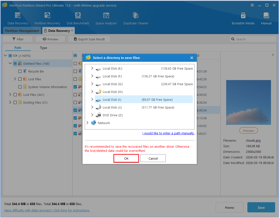 The MiniTool Partition Wizard interface with the Select a directory to save files window opened and the OK option selected.