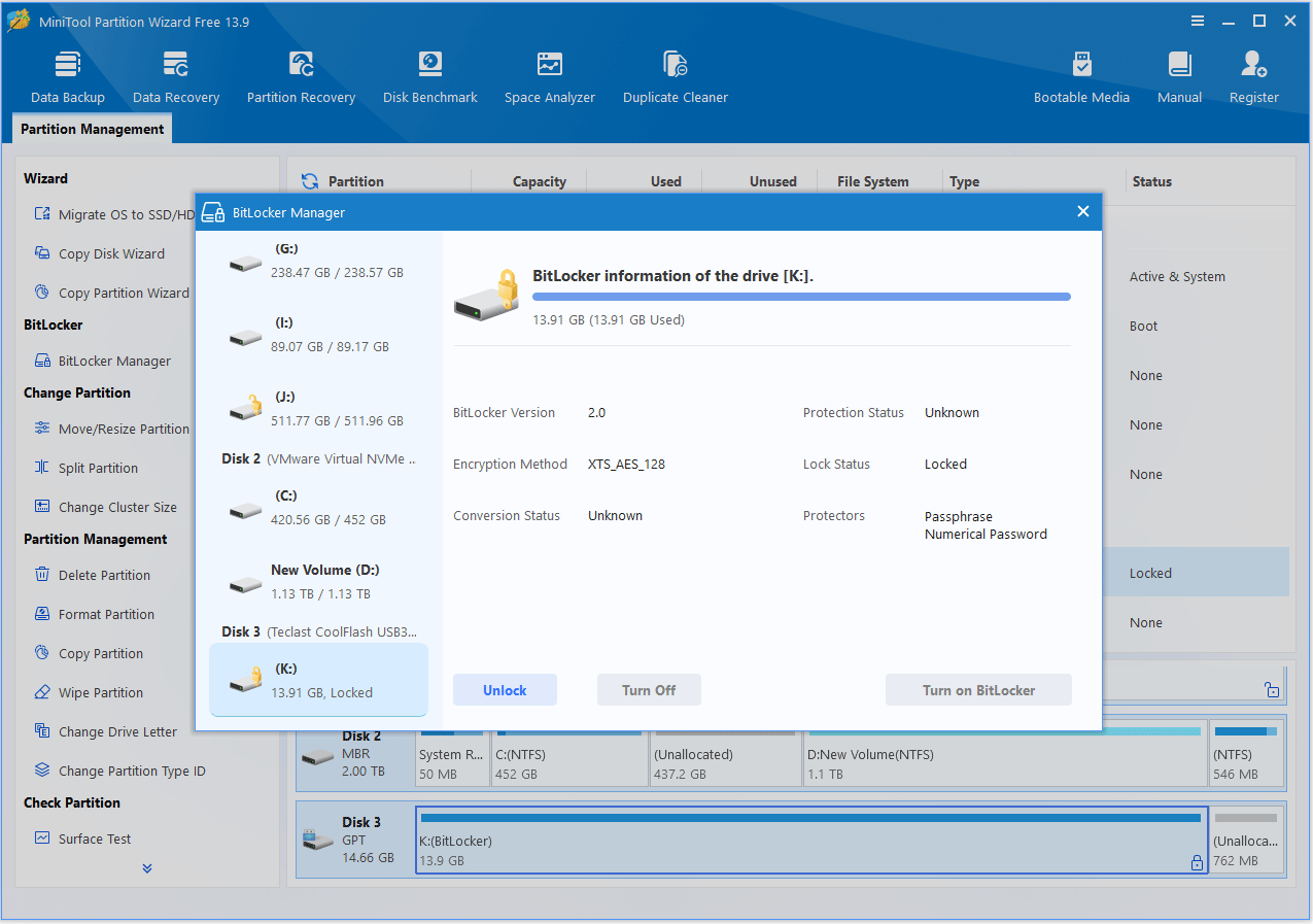 MiniTool Partition Wizard interface with BitLocker Manager window opened and the Unlock button selected.