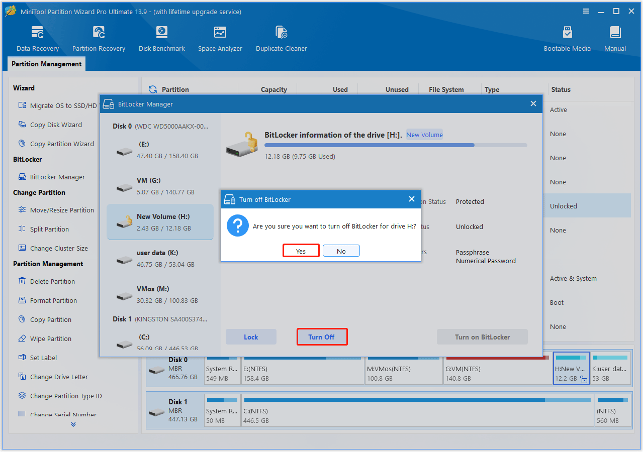 MiniTool Partition Wizard interface with BitLocker Manager window for confirming turning off BitLocker operation.