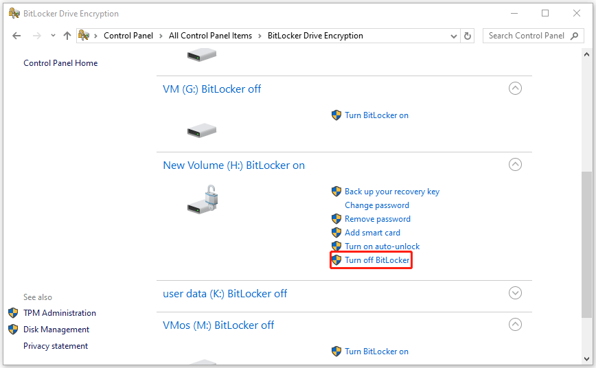 The BitLocker Drive Encryption window with the Turn off BitLocker option selected.