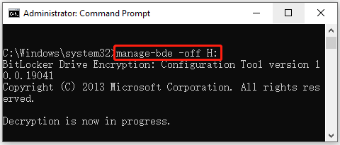 The Command Prompt window with the turn off BitLocker commands.