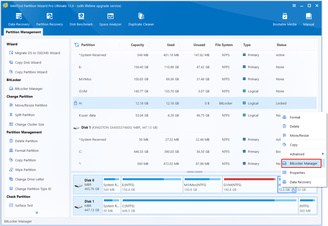 The MiniTool Partition Wizard interface with BitLocker Manager from the right click menu selected for the highlighted drive.