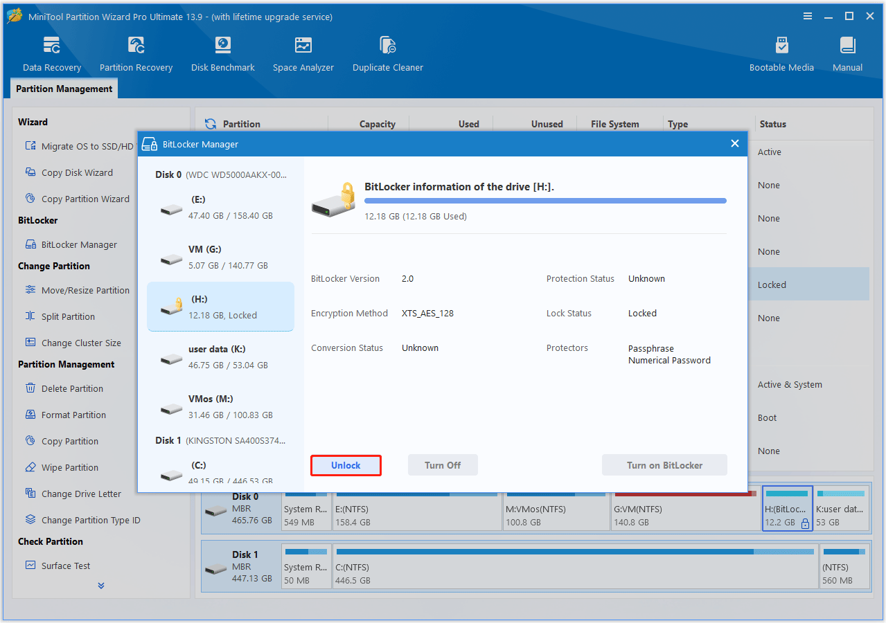 The MiniTool Partition Wizard interface with BitLocker Manager window opened and the Unlock button highlighted.