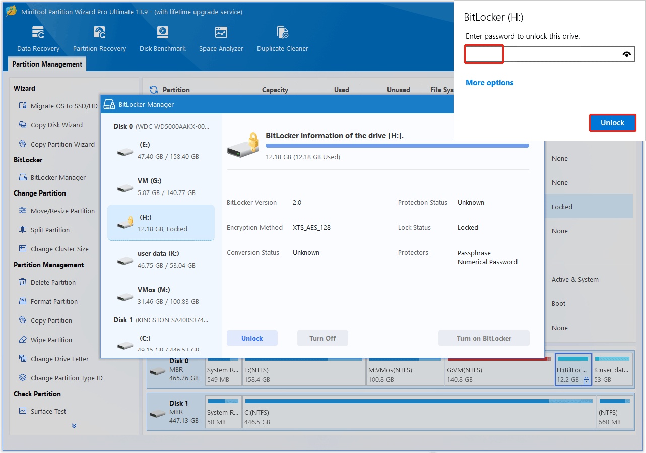 MiniTool Partition Wizard interface with BitLocker Manager window opened and a third window on the top-right side for password input.