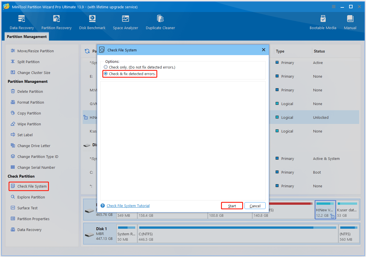 The MiniTool Partition Wizard interface with the Check File System, Check fix detected errors, and Start options selected.