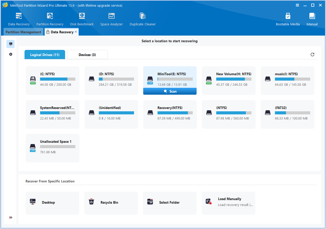 The Data Recovery interface with the selected Scan option.