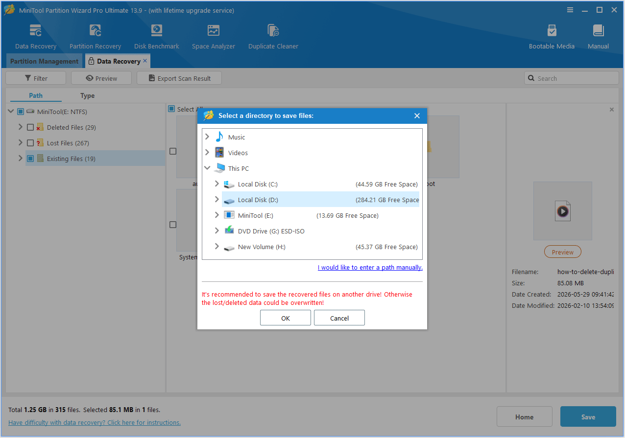 The Select a directory to save files interface with the selected OK option.