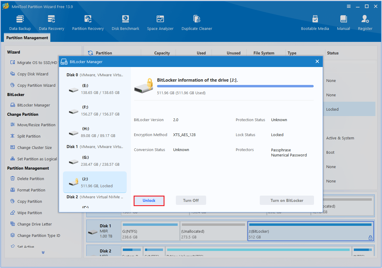 MiniTool Partition Wizard interface with BitLocker Manager window opened and the Unlock button highlighted.