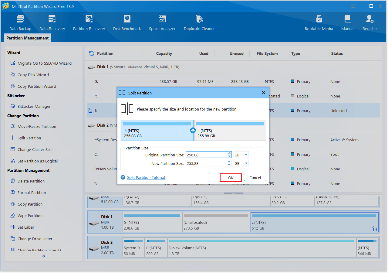 The Split Partition interface with the selected OK option.