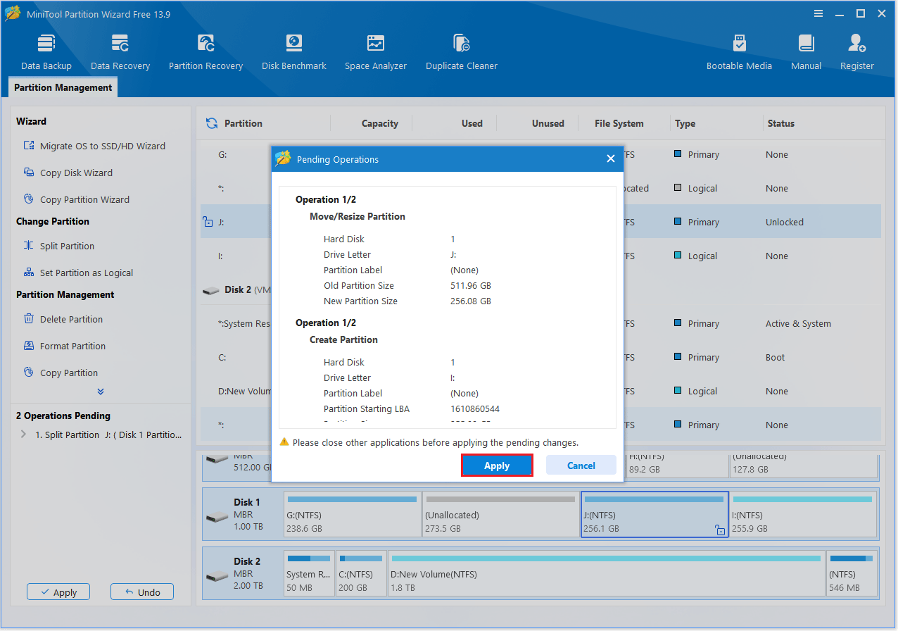 The MiniTool Partition Wizard interface with the Pending Operations window and selected the Apply option.