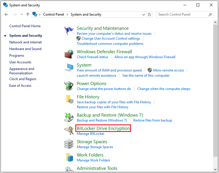The System and Security Window with the selected BitLocker Drive Encryption option.