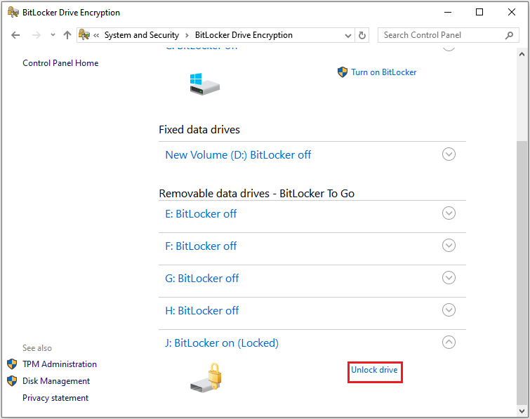 The BitLocker Drive Encryption window with the selected Unlock drive option.