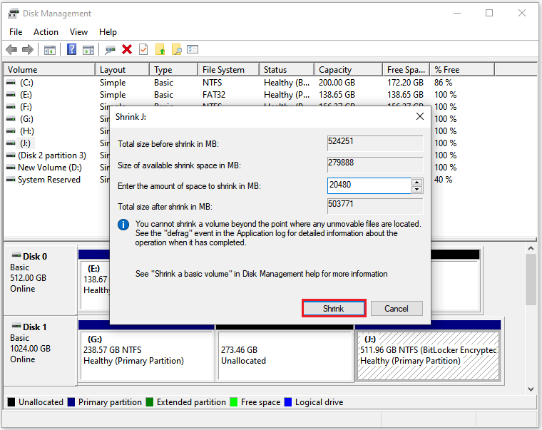 The Disk Management interface with the selected Shrink option.
