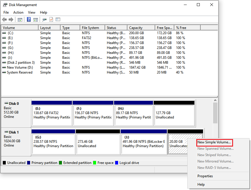 The Disk Management interface with the selected New Simple Volume option.