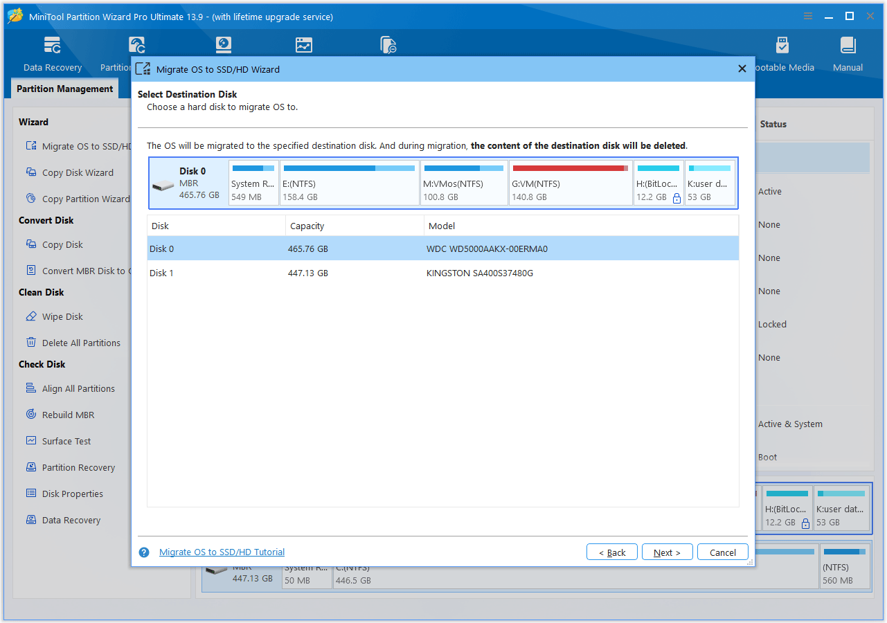 The MiniTool Partition Wizard interface with the destination disk selection window shown.