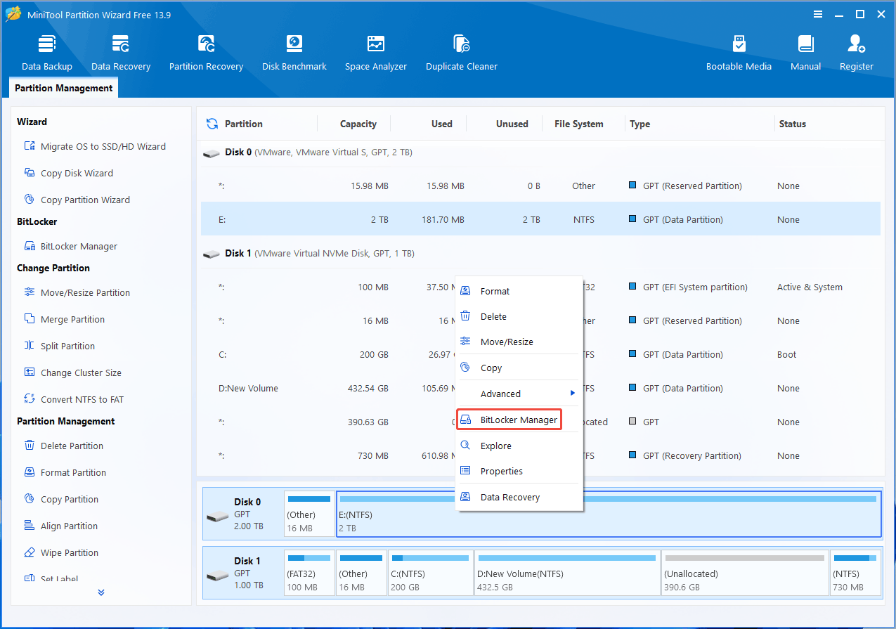 MiniTool Partition Wizard interface with the selected BitLocker Manager option.