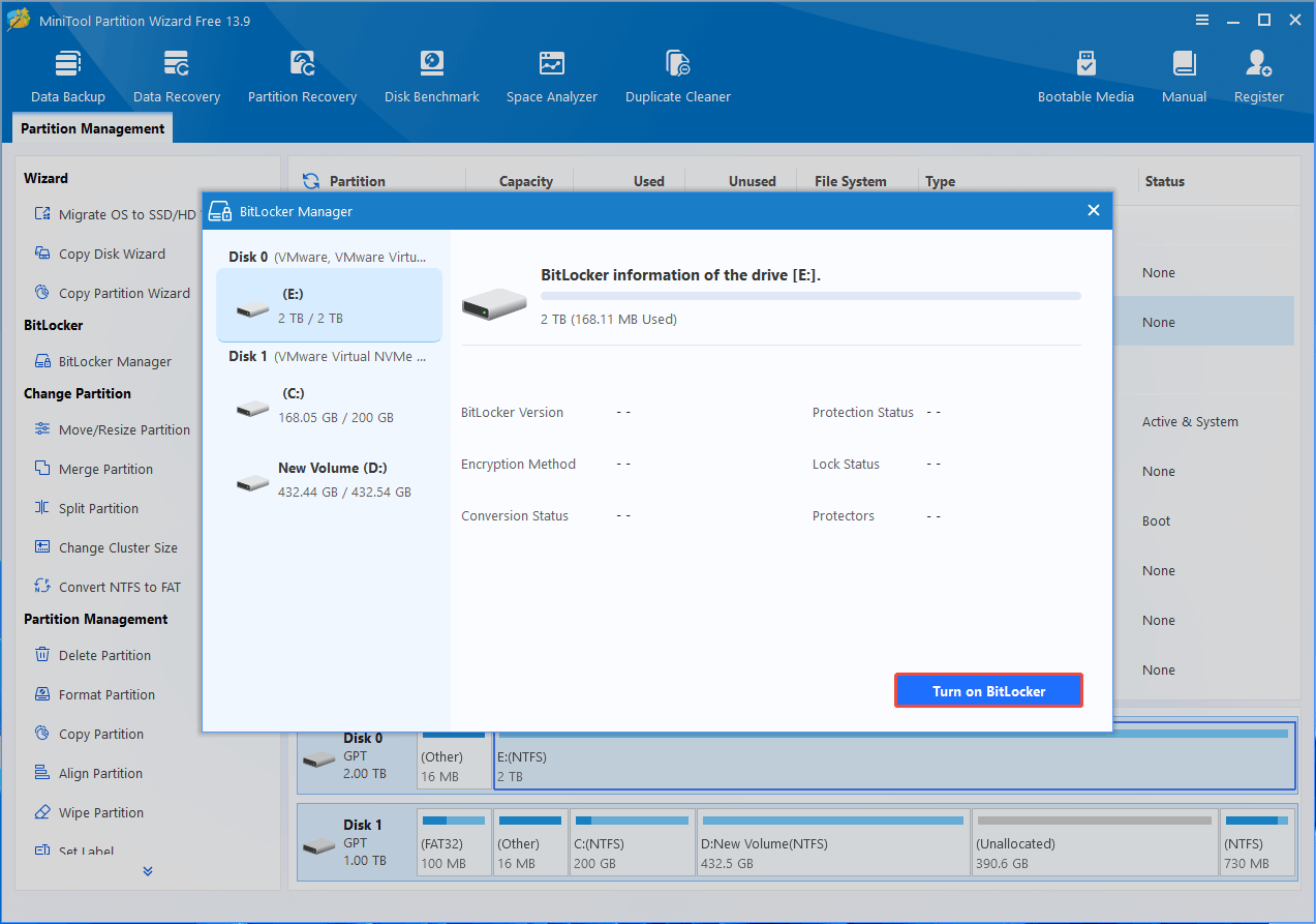 MiniTool Partition Wizard interface with the BitLocker Manager window and the selected Turn on BitLocker button.
