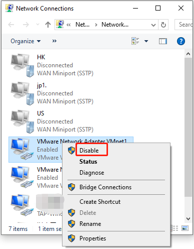 The Network Connections interface with the selected Disable option.
