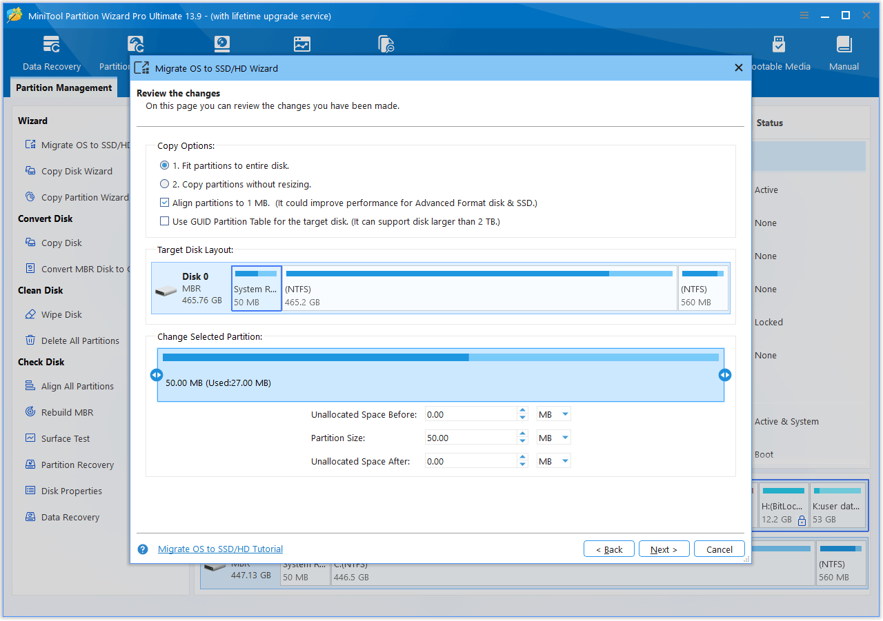 The MiniTool Partition Wizard interface with the review the changes window is shown.