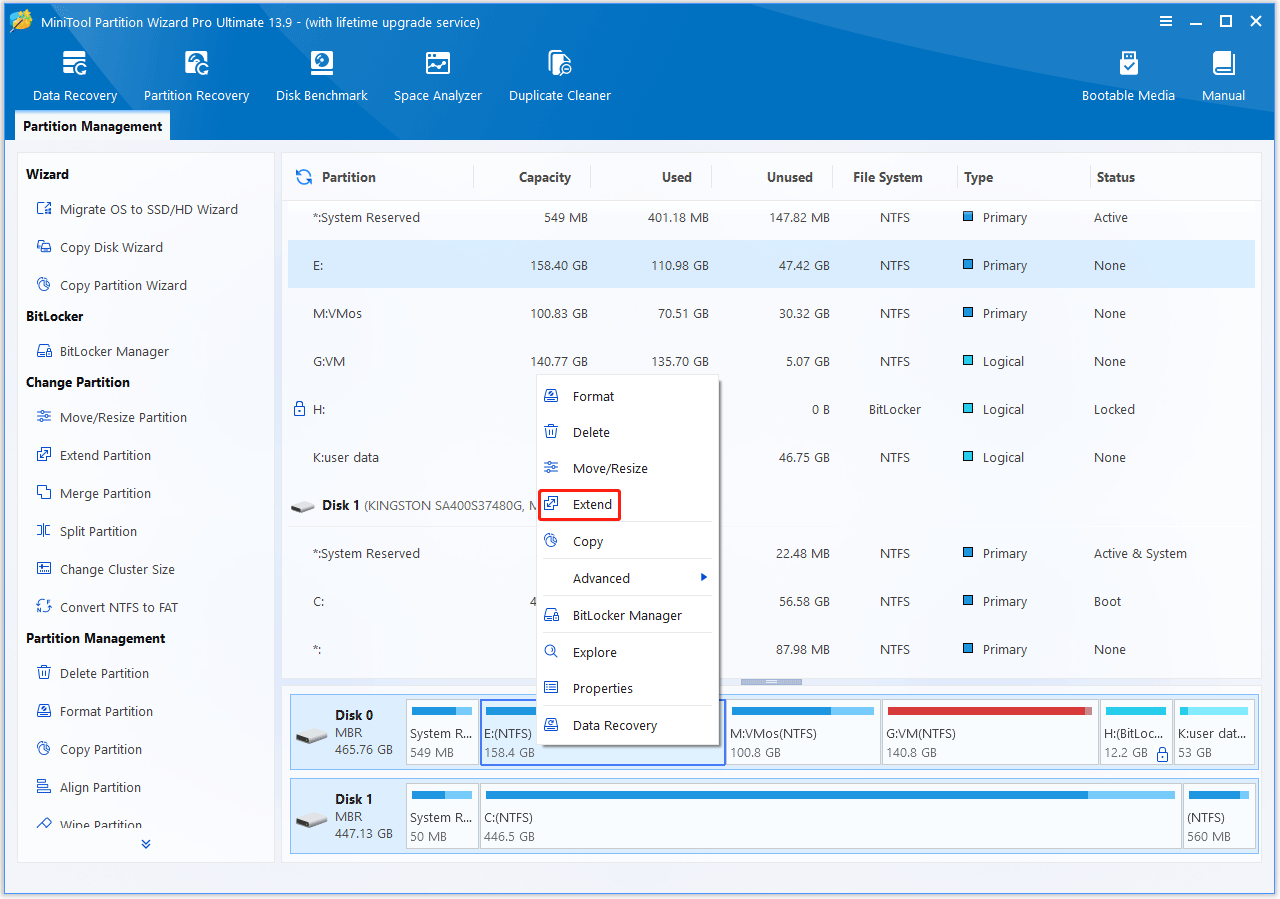 The MiniTool Partition Wizard interface with the Extend option selected.