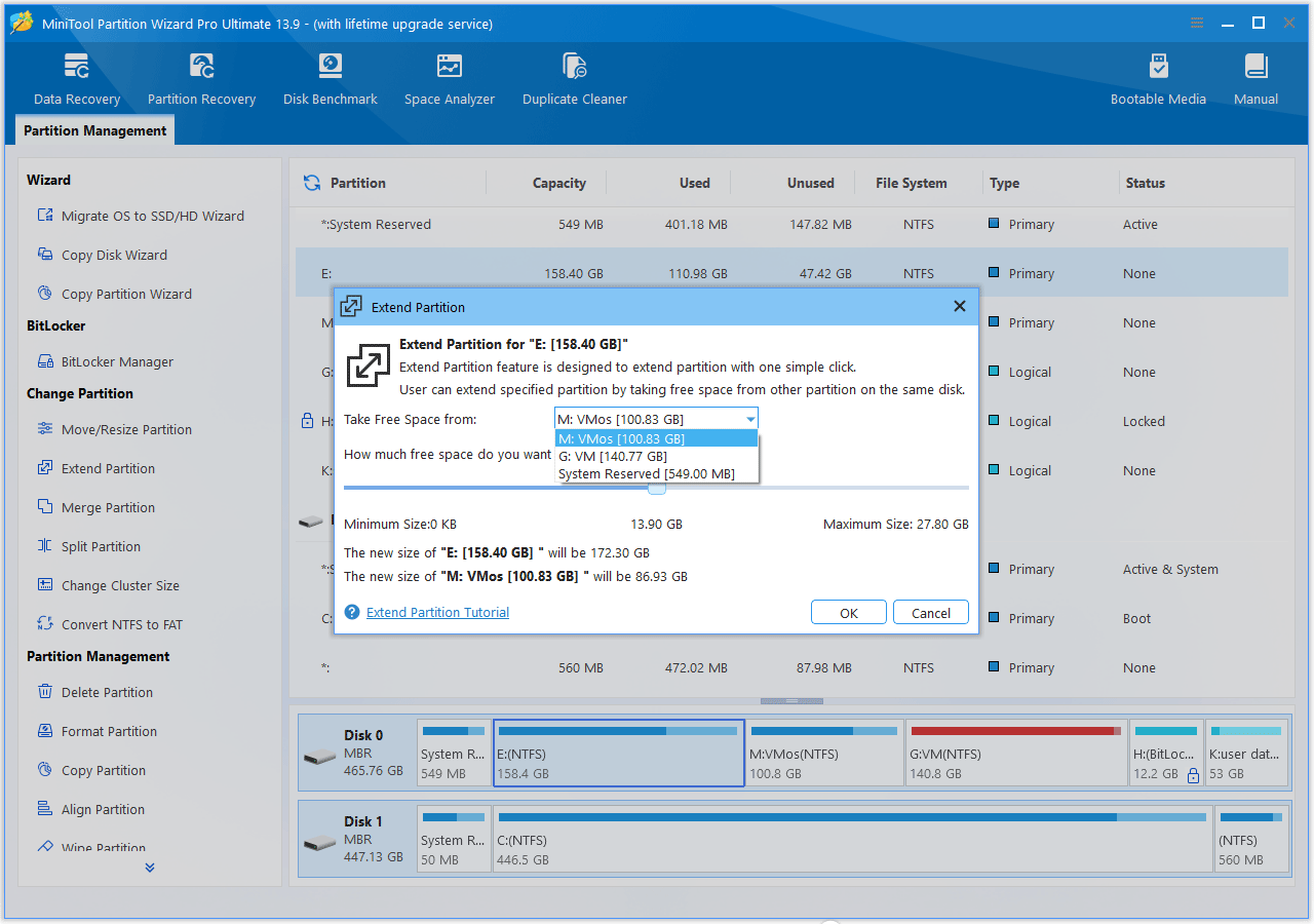 The MiniTool Partition Wizard interface with the extend partition chosen window shown.