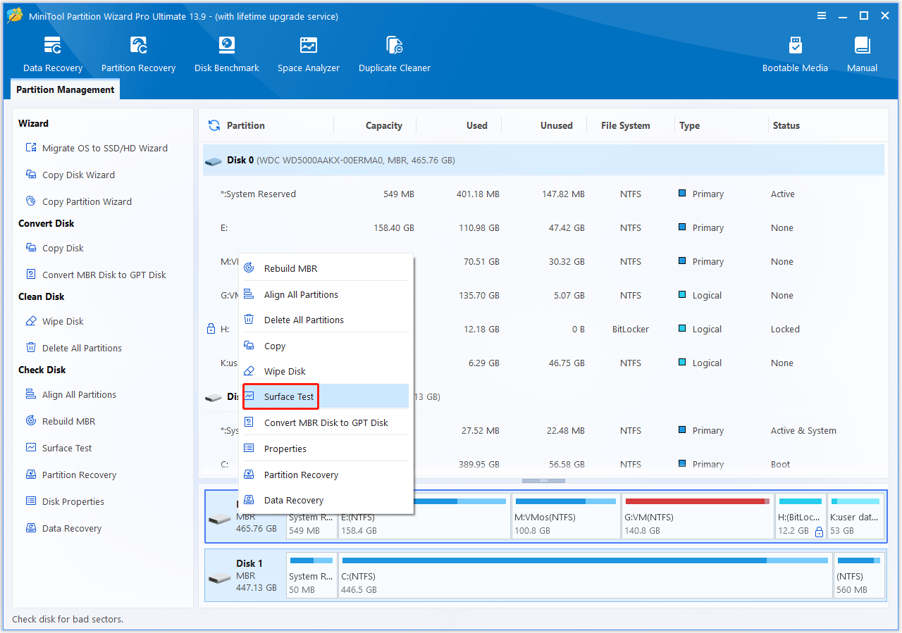 The MiniTool Partition Wizard interface with the Surface Test option selected.