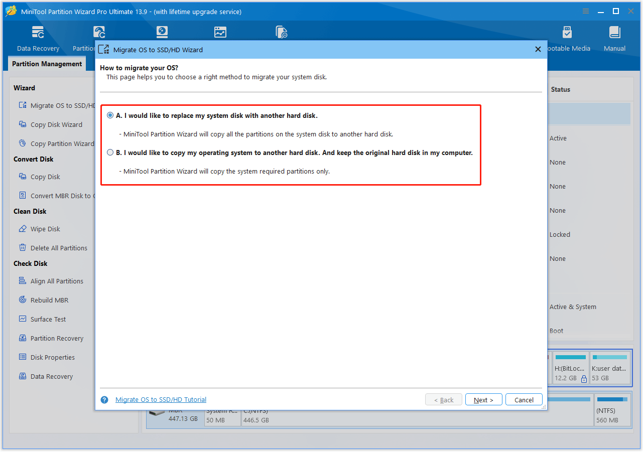 The MiniTool Partition Wizard interface with the migration method window shown.