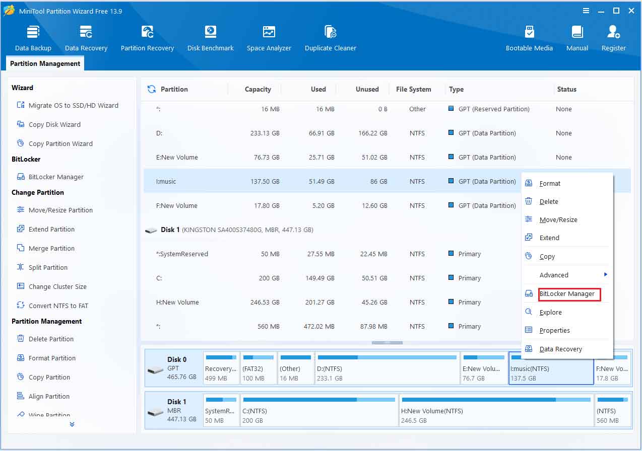 MiniTool Partition Wizard interface with BitLocker Manager from the right-click menu selected for the highlighted drive.