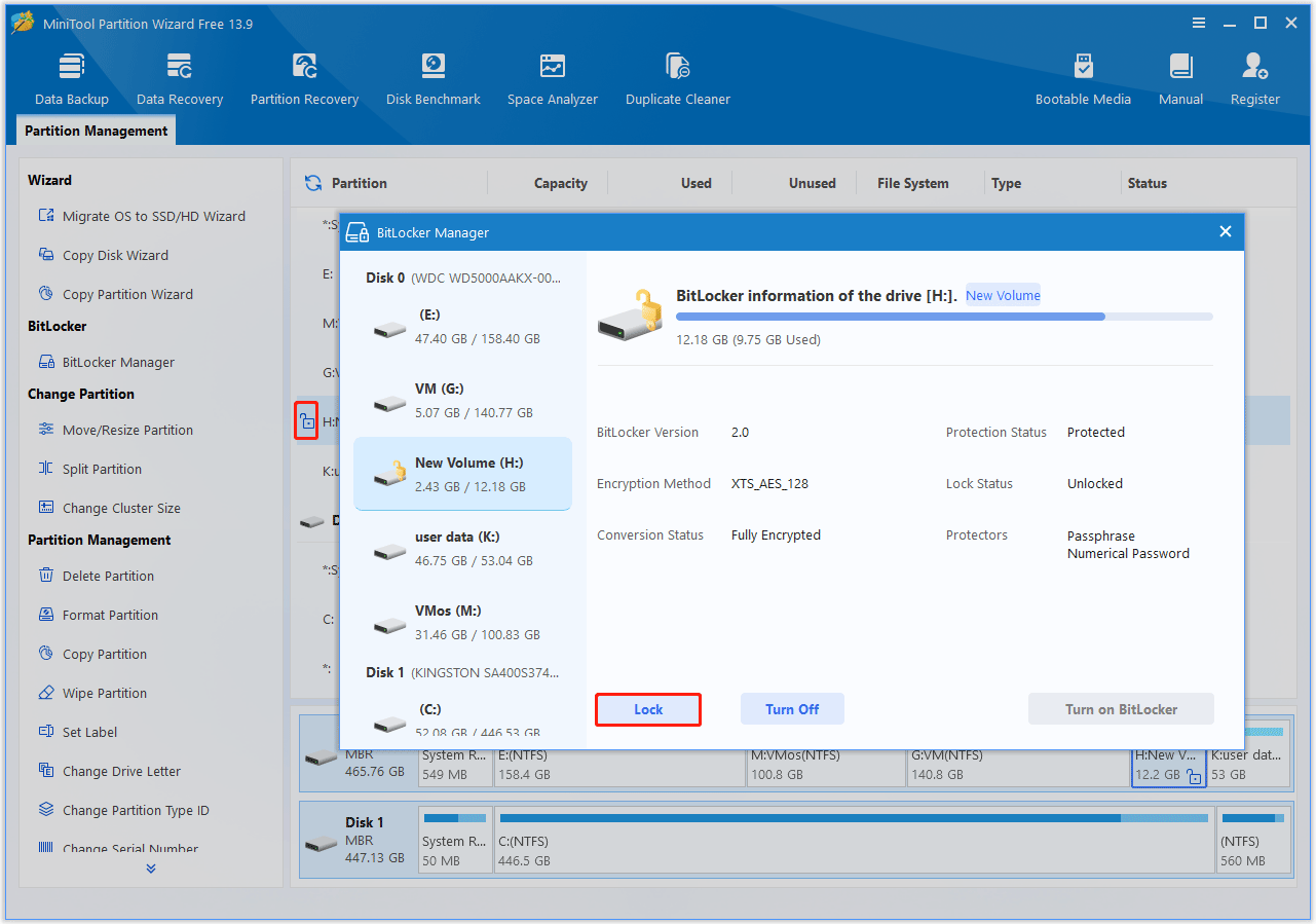 MiniTool Partition Wizard interface with BitLocker Manager window opened and the Lock button highlighted.
