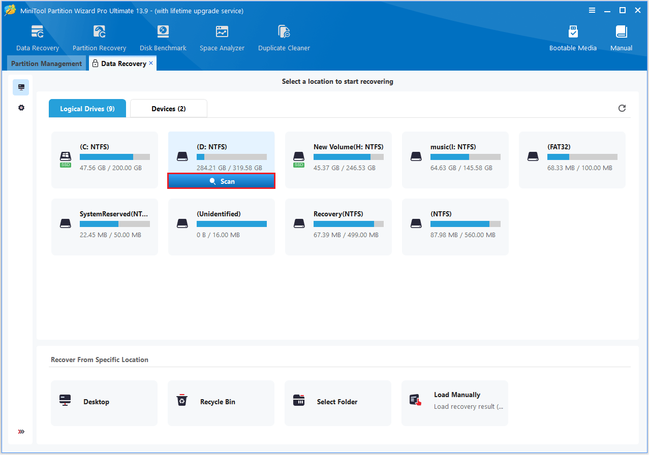The Data Recovery interface with the Scan option.