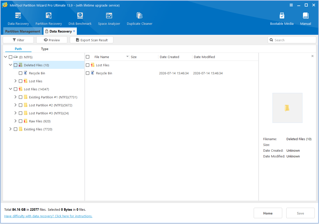 The Data Recovery interface with the selected Save option.