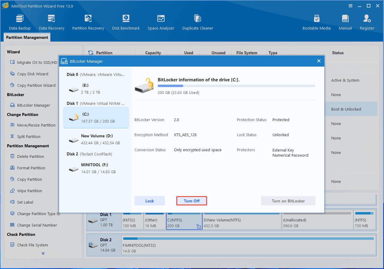 MiniTool Partition Wizard interface with the BitLocker Manager window and the selected Turn Off button.