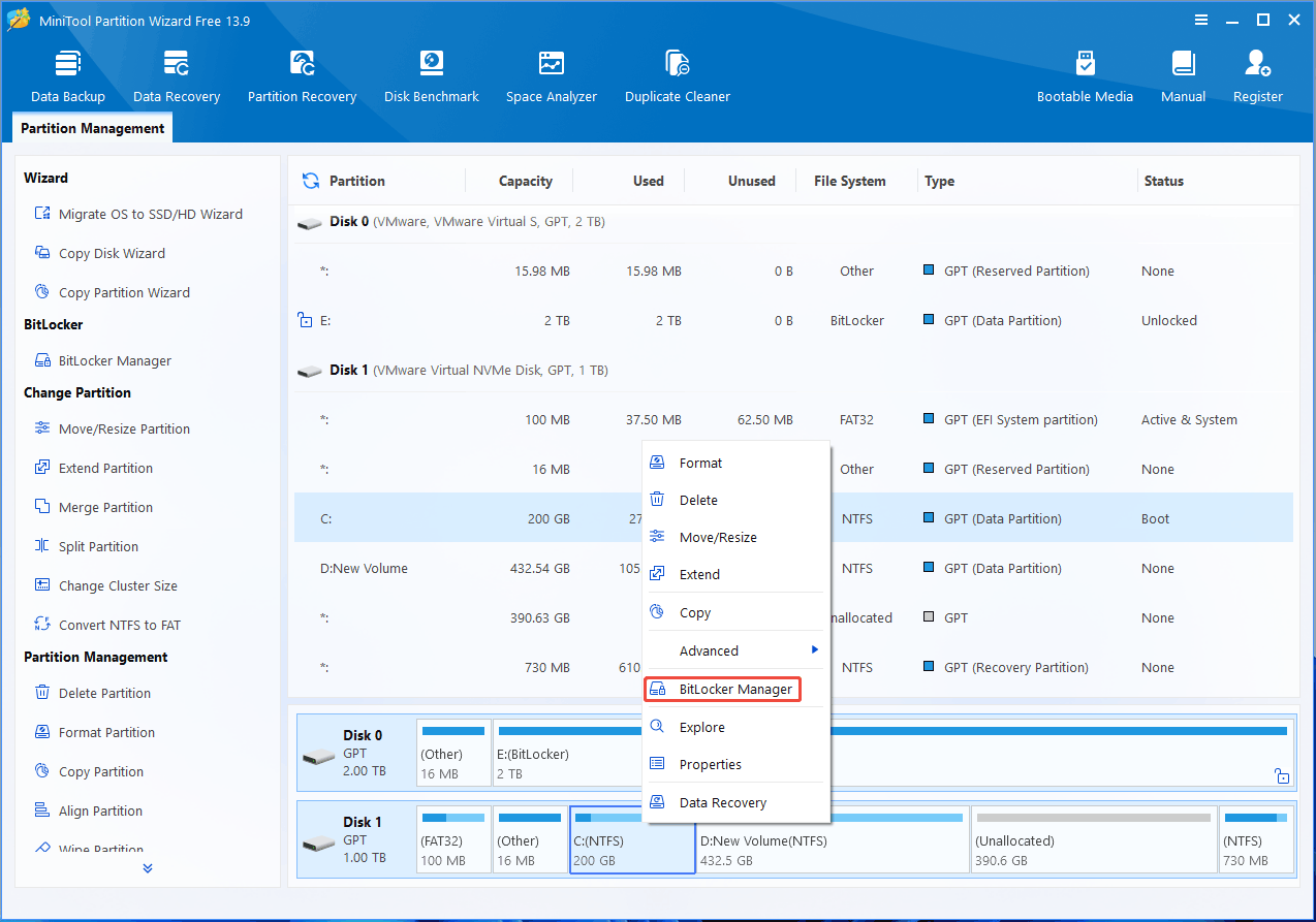 MiniTool Partition Wizard interface with the selected BitLocker Manager option.