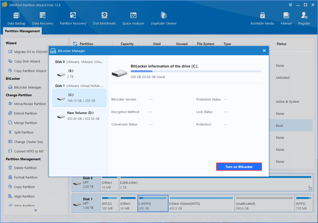MiniTool Partition Wizard interface with the BitLocker Manager window and the selected Turn on BitLocker button.