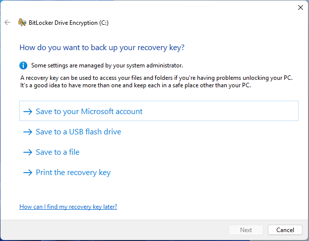The BitLocker Drive Encryption window asking you to choose how to back up your recovery key.