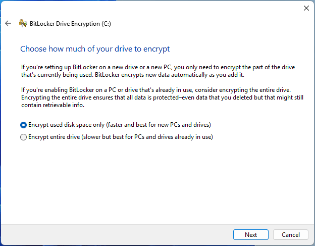 The BitLocker Drive Encryption window asking you to choose how much of your drive to encrypt.
