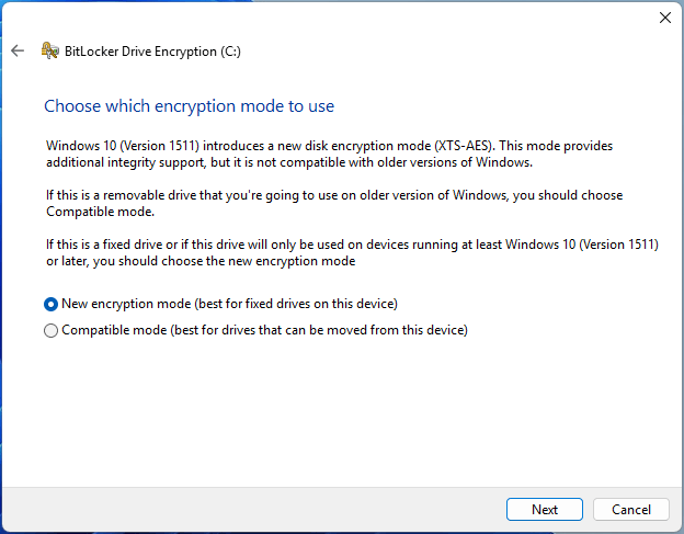The BitLocker Drive Encryption window asking you to choose an encryption mode.