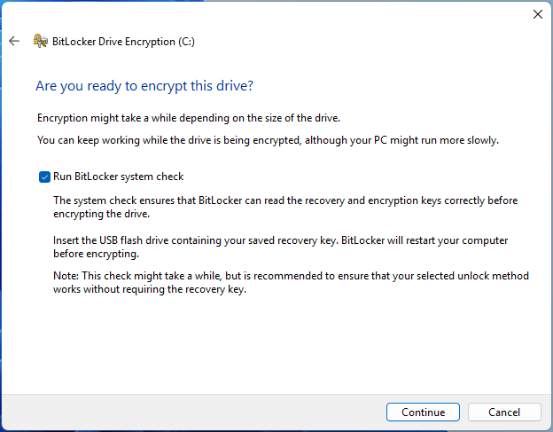 The BitLocker Drive Encryption window asking whether you are ready to encrypt the drive.