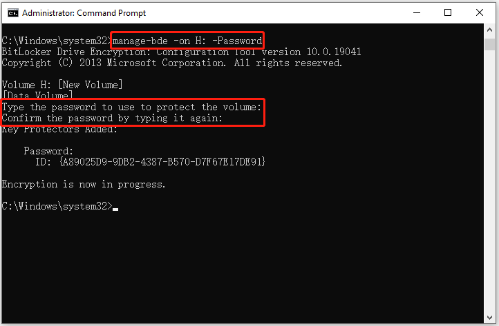 The Command Prompt window with the turn on BitLocker commands.