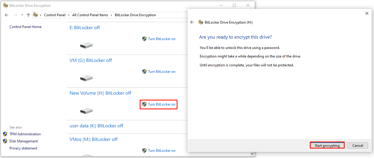 The BitLocker Drive Encryption window with the Turn BitLocker on and Start encrypting options selected.