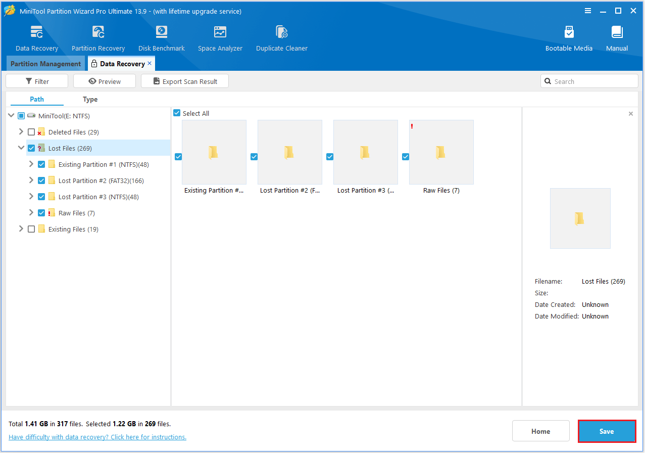 The Data Recovery interface with the selected Save option.
