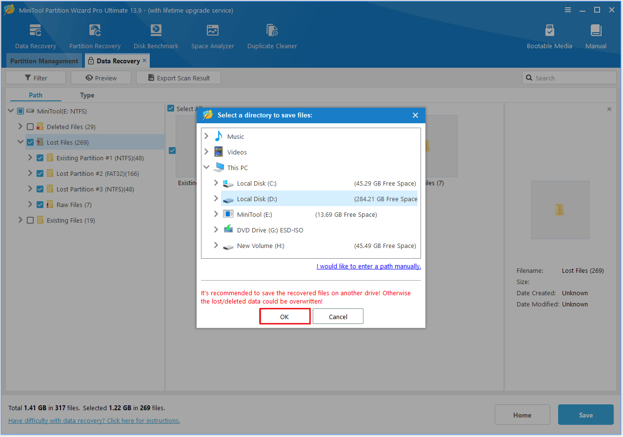 The Select a directory to save files interface with the selected OK option.