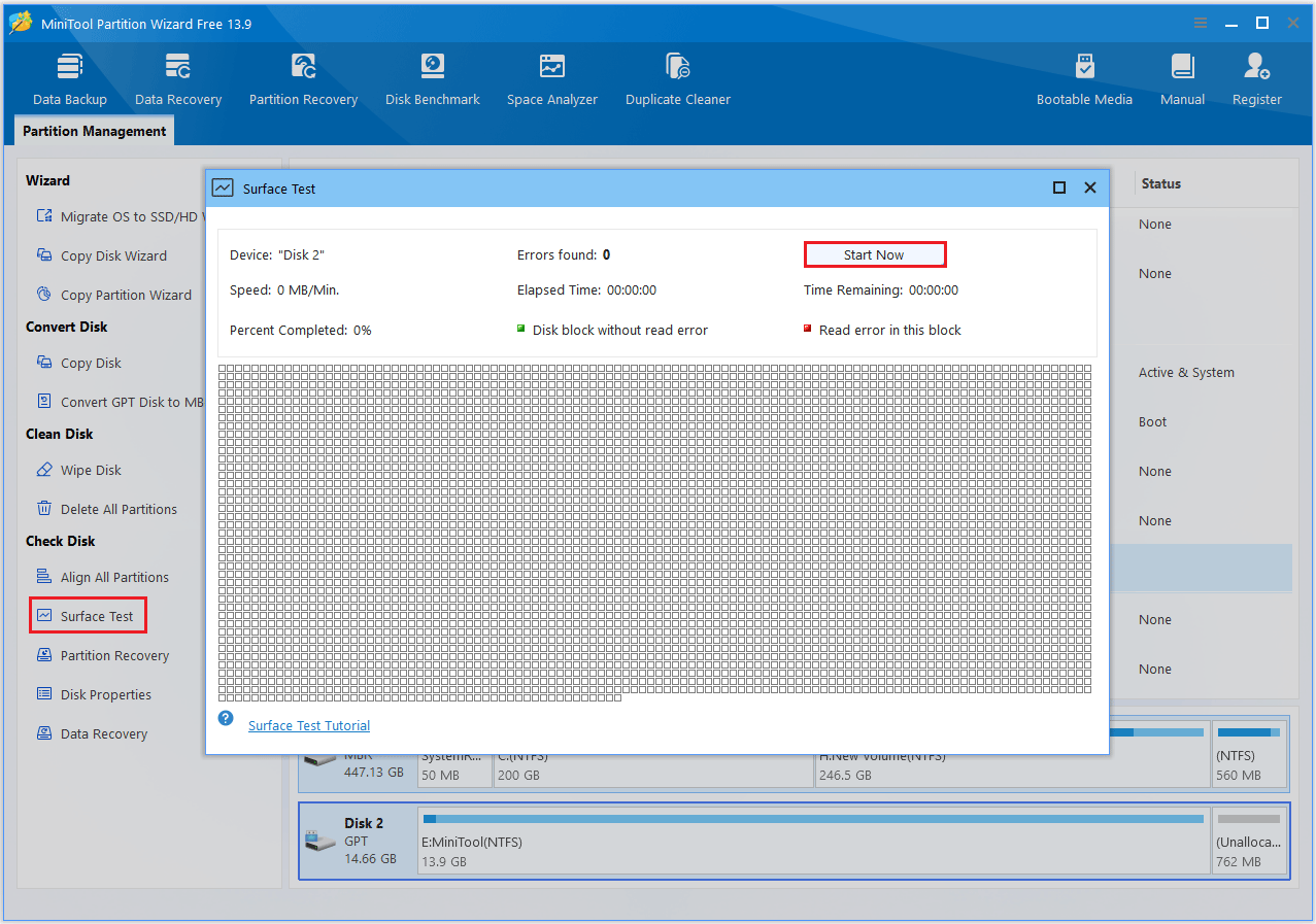 The MiniTool Partition Wizard interface with the selected Start Now option.