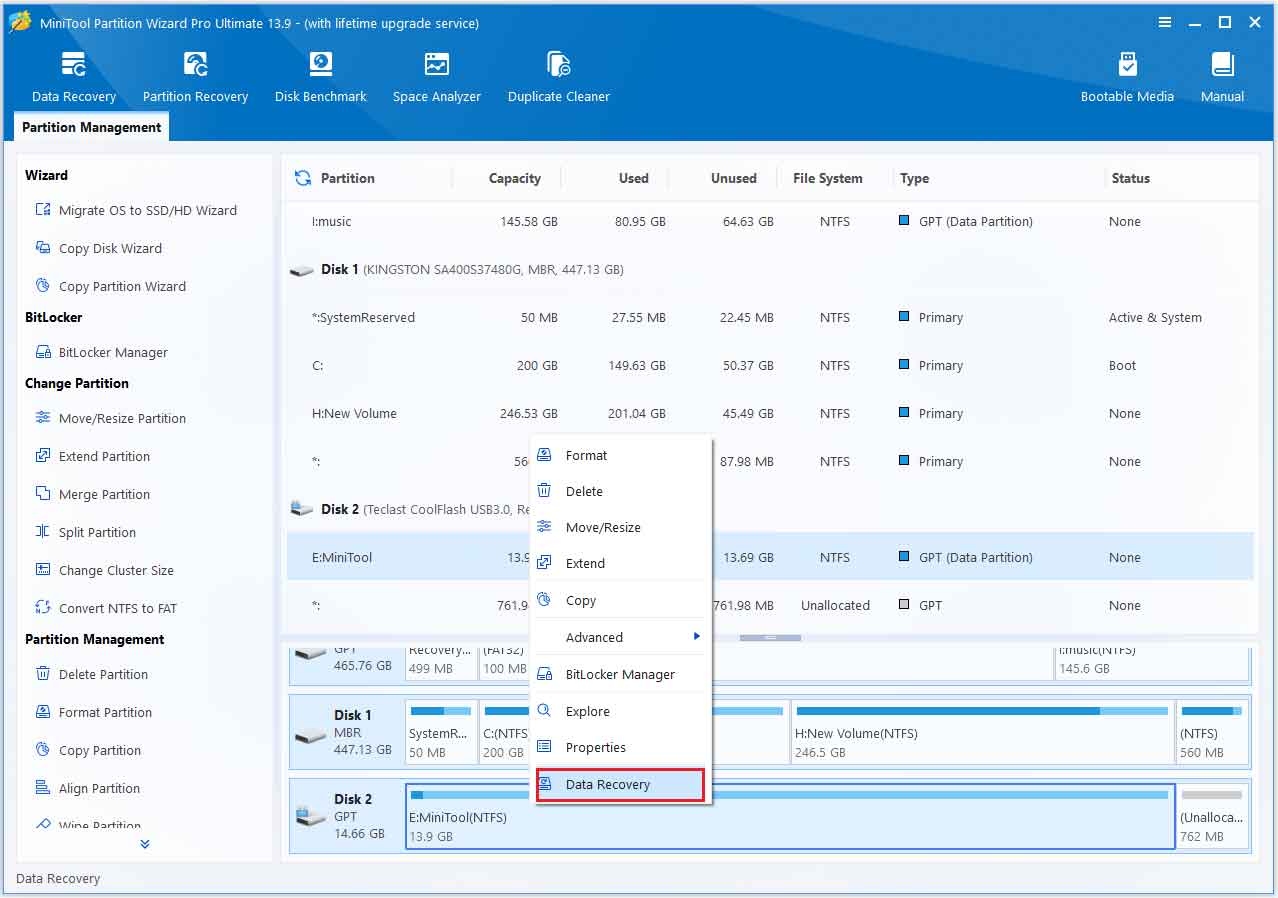 The MiniTool Partition Wizard interface with the selected Data Recovery option.