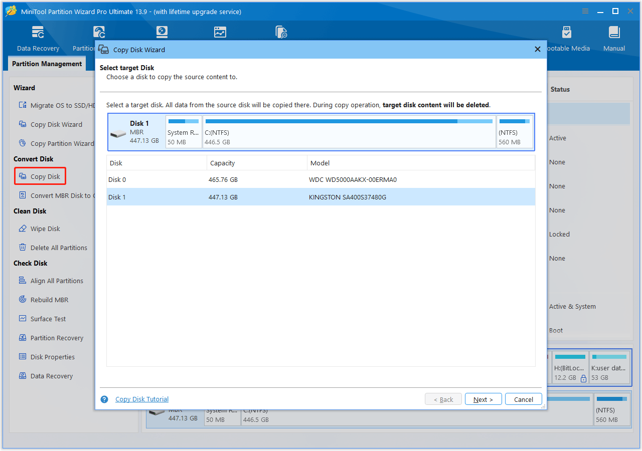 The MiniTool Partition Wizard interface with the Copy Disk option selected and the Copy Disk window shown.