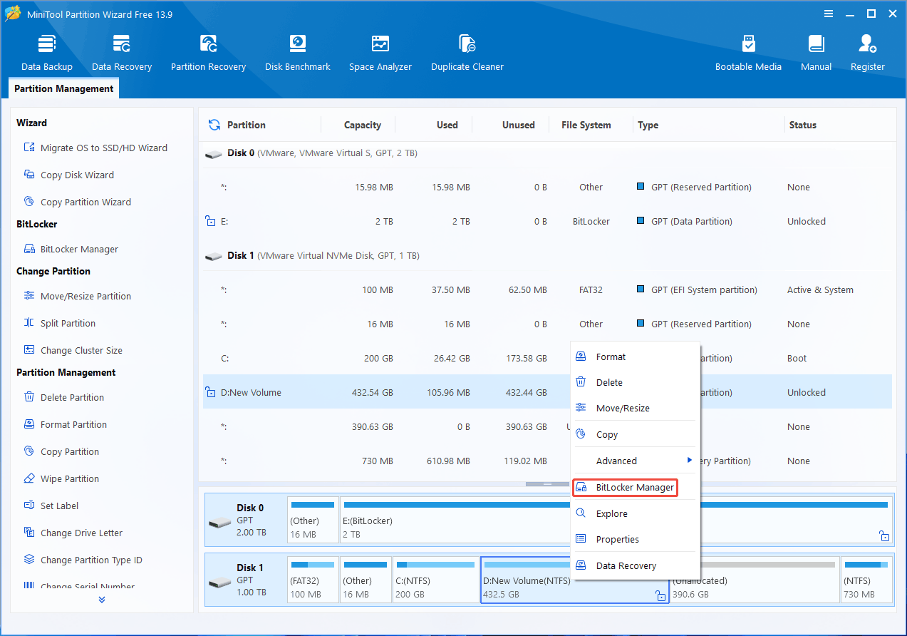 MiniTool Partition Wizard interface with the selected BitLocker Manager option.